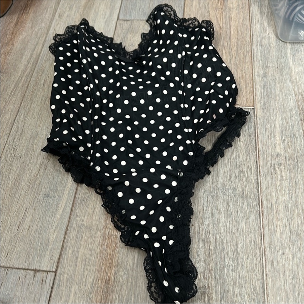 Vintage 80s Emile Bole Polka Dot Thong Pinup Bustier One Piece Bodysuit Lingerie